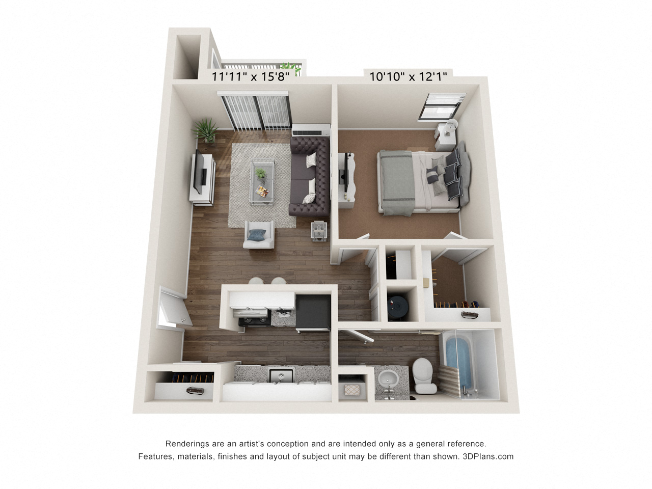 Floor plan for 1 bed, 1 bath, 555 sqft
